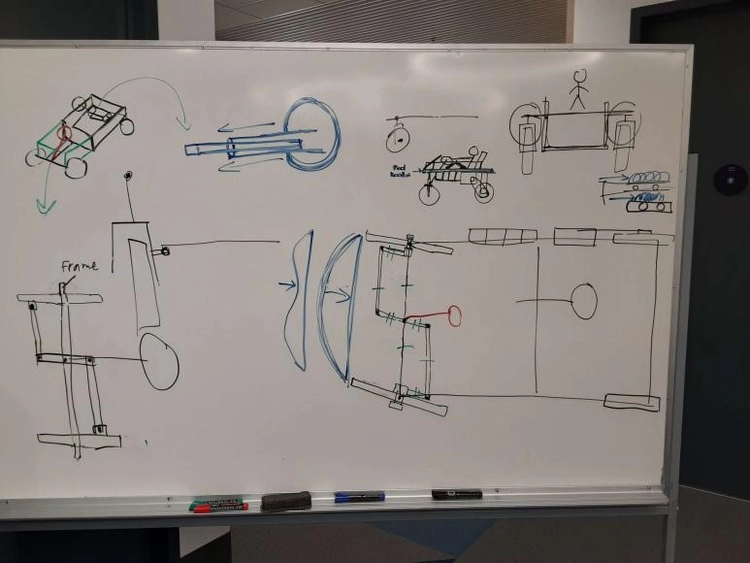 Preliminary whiteboard ideation for supsension and steering systems.